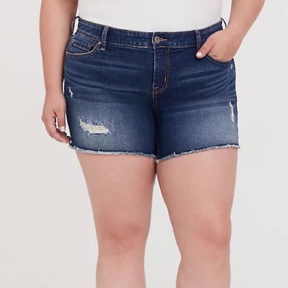 Torrid High Rise Distressed Stretch Denim Midi Shorts 26